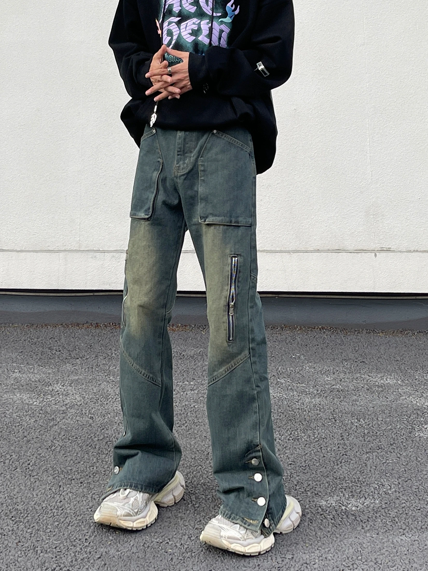High Street American Vintage Wash Button Spliced Jeans Men's Loose Straight Tube Workwear Harajuku Punk Pants