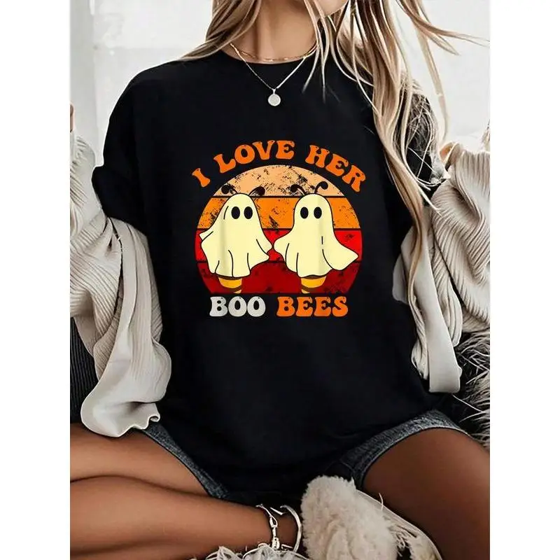 

Women's I Love Her Boo Bees T-shirt Funny Halloween Graphic Tee Spooky Season Slogan Top