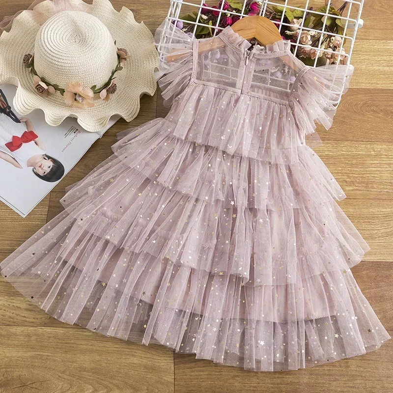 Vestido de princesa esponjoso para niños, estrella de hadas, lentejuelas, malla de pastel, vestidos cortos de flores para niñas, sólido, alto, nuevo