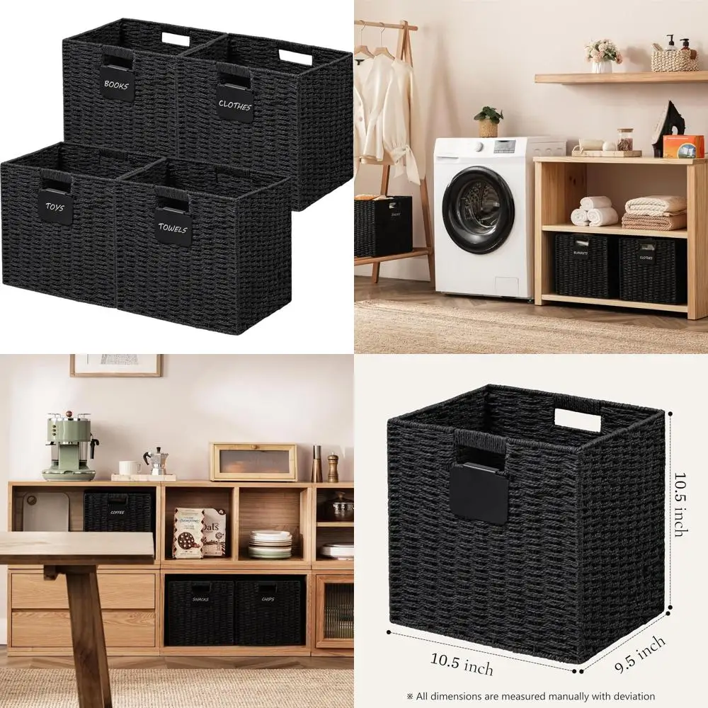 

Набор из 4 складных плетеных кубиков для хранения с этикетками, квадратные корзины 10,5 для организации, черные