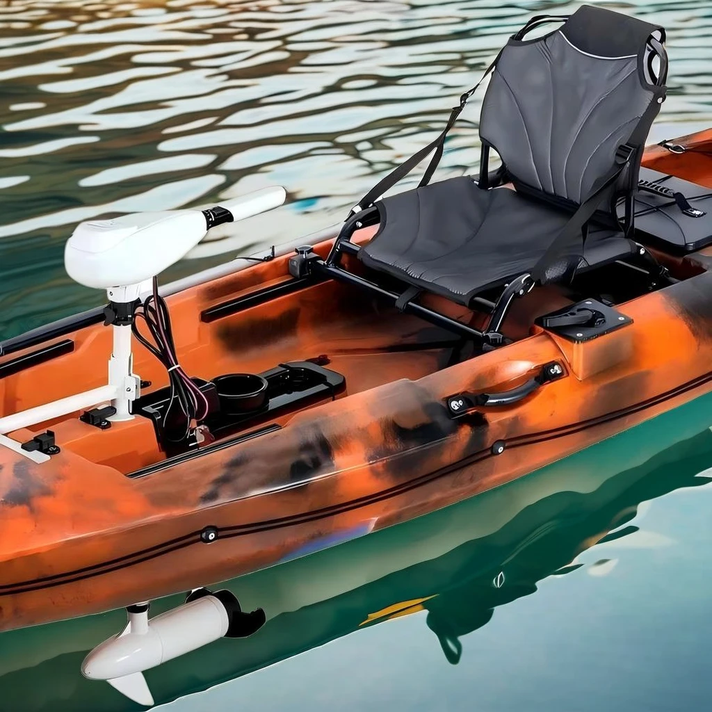 motors for pedal drive fishing kayaks and HDPE hulls for lakes and rivers including paddle attachments