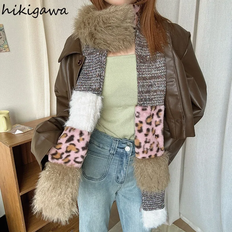 Wrap Leopard Scarf for Women Knitting Lightweight Shawl Patchwork Furry Fashion Warm Scarf 2024 New Scarf Apparel Accessories