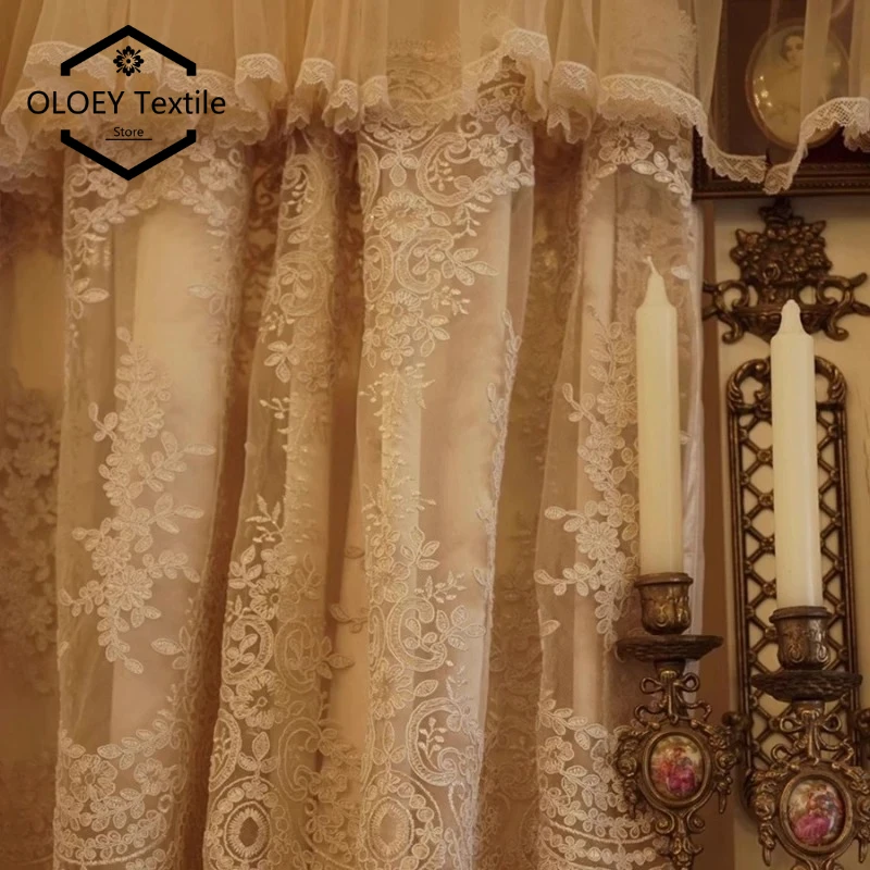 

Ecofriendly European Beige Embroidered Lace Pleated Blackout Curtains for Living Room Bedroom Valance Drapes Tulle Window Screen