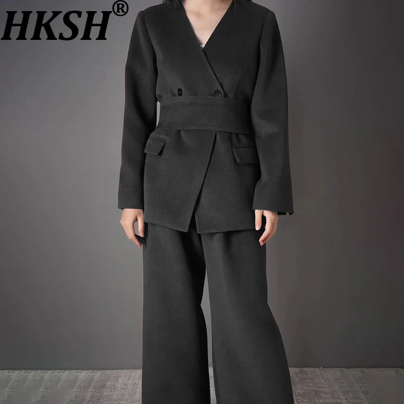 HKSH 2025 Autumn Winter New Women's Two-piece Set V-neck Sashes Waist Cinching Blazer Solid Color Wide Leg Pants Elegant HK15228