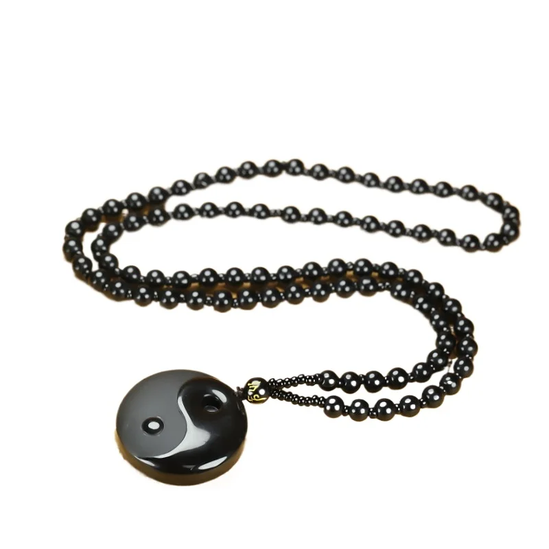 Obsidian Tai Chi Gossip Amulet Natural Stone Carving Necklace Pendant