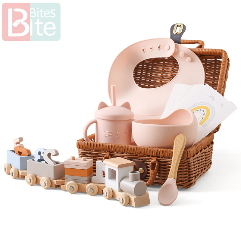 Baby Retro Train Toy Set Silicone Bib Birthday Train Learning Drinking Cup Set Baby Birth Memorial Set Photography Props Gifts