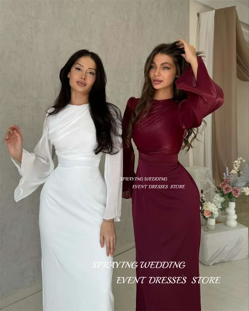 SPRAYIN Modest Simple White Evening Dresses Dubai Arabic Women Long Sleeves Formal Party Dress Wedding Guest Gowns