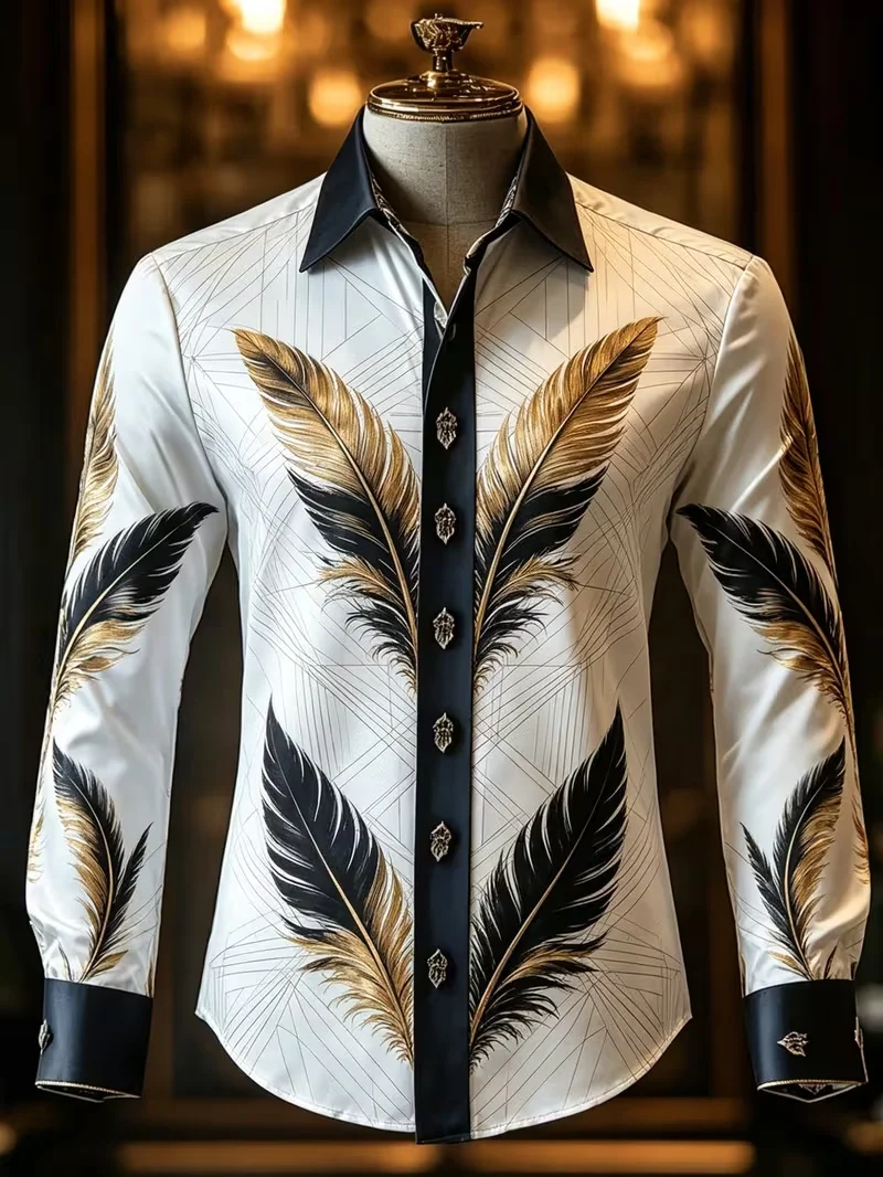 New color blocking leader shirt, beige satin fine mesh gradient black gold feather art print men's long sleeved shirt