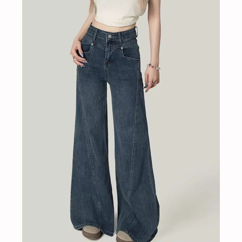 Damskie dżinsy z wysokim stanem, retro, jednolite, rozszerzane, eleganckie, w stylu koreańskim, proste nogawki, klasyczne spodnie dżinsowe damskie.