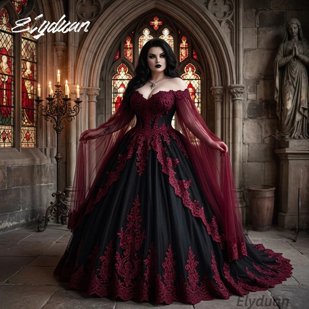 Gotisches schwarzes und burgunderrotes Hochzeitskleid mit fließenden Ärmeln, schulterfreies Brautkleid in Übergröße, Spitzenapplikationen, individuell gestaltet