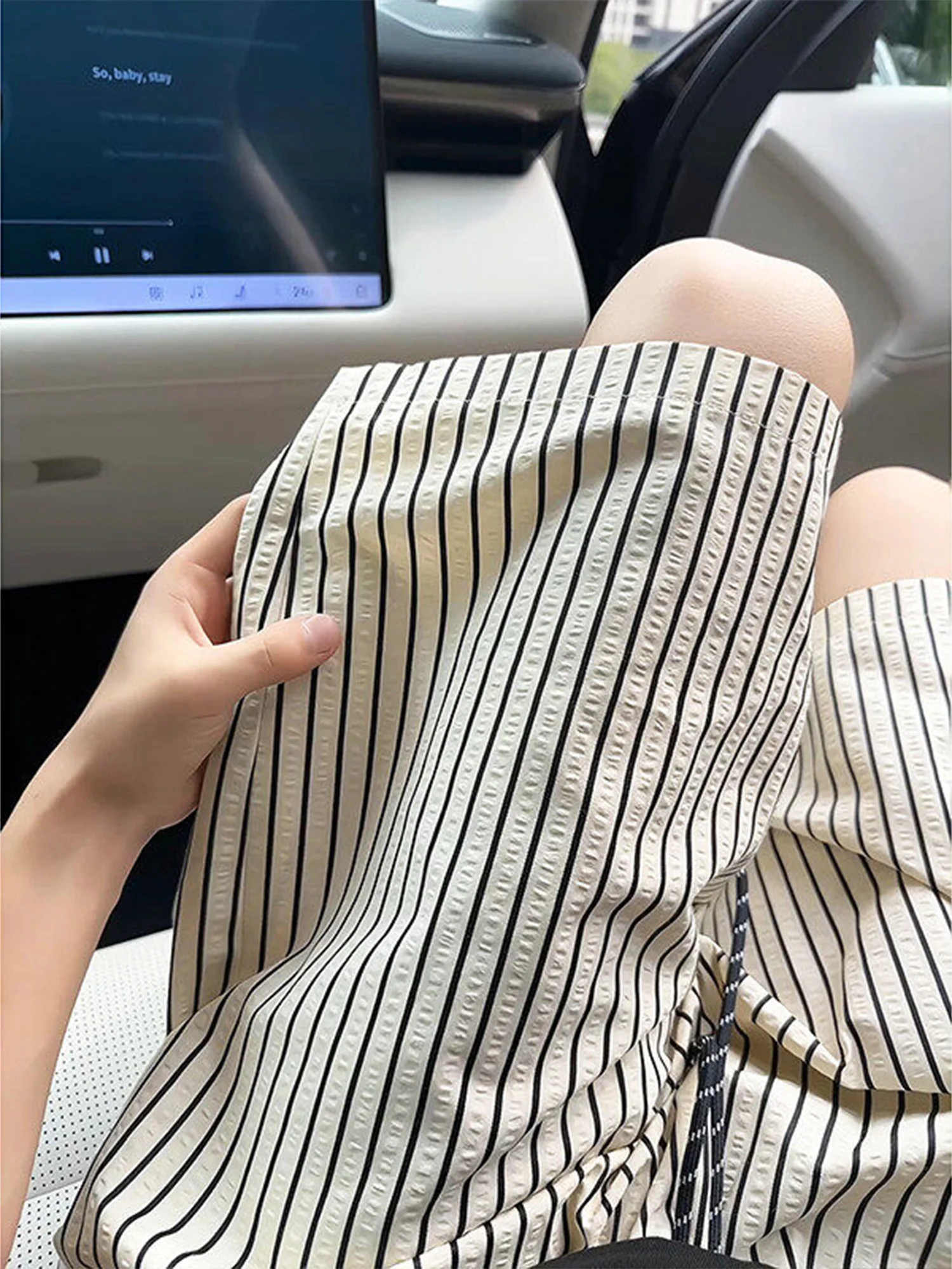 

Мужские летние тонкие свободные брюки в полоску в американском стиле ретро с пятью точками, дышащие легкие хлопковые брюки