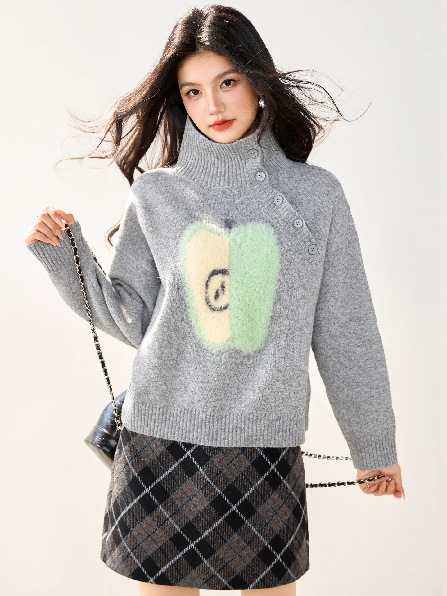 

Grey Stand-Up Collar High-Neck Pullover Knitted Sweater For Women In Autumn And Winter Thickened And Loose