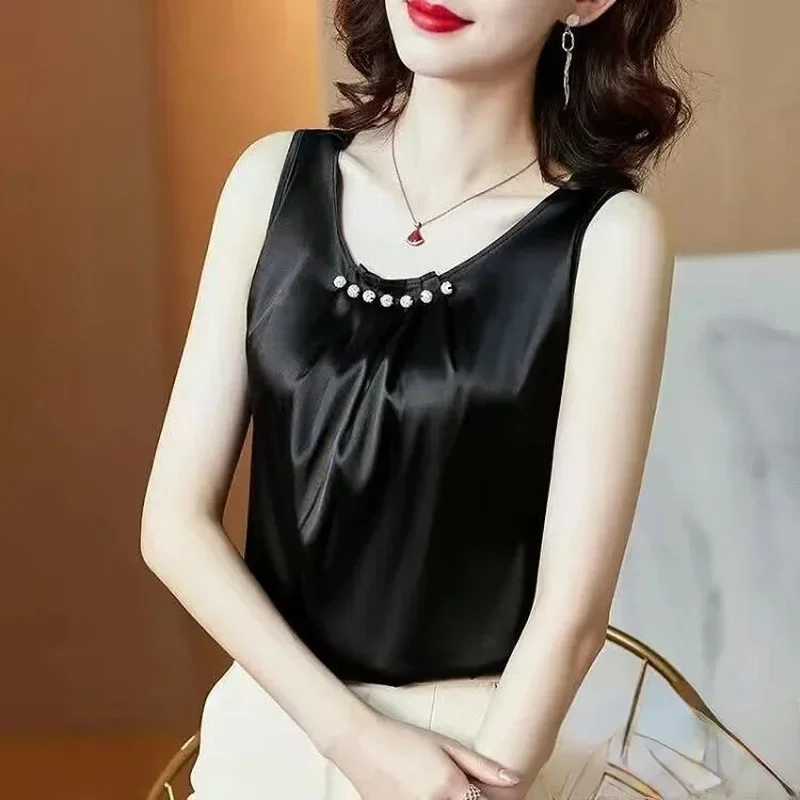 New Strap Top O Neck Basic Solid Sleeveless Satin Silk Tank Tops Women's Summer Beading Spliced Round Neck Tops Camisole Ladies