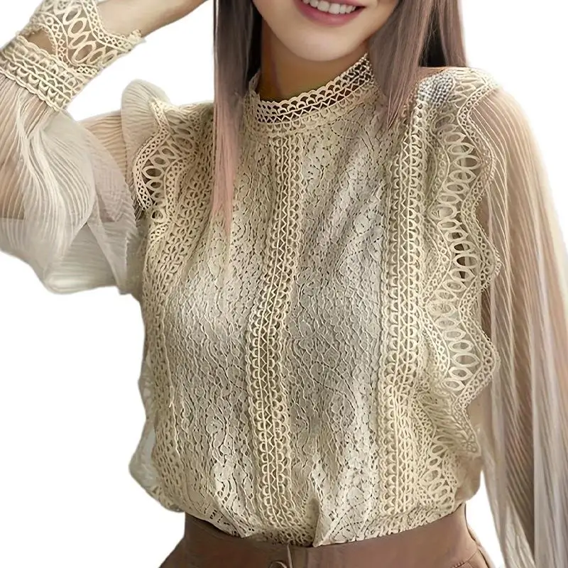 قميص نسائي بأكمام طويلة من الدانتيل الشبكي، بلوزة يانغلين بأسلوب عملي، أكمام منتفخة، مصنوع من ألياف البوليستر بلون واحد، ربيع...