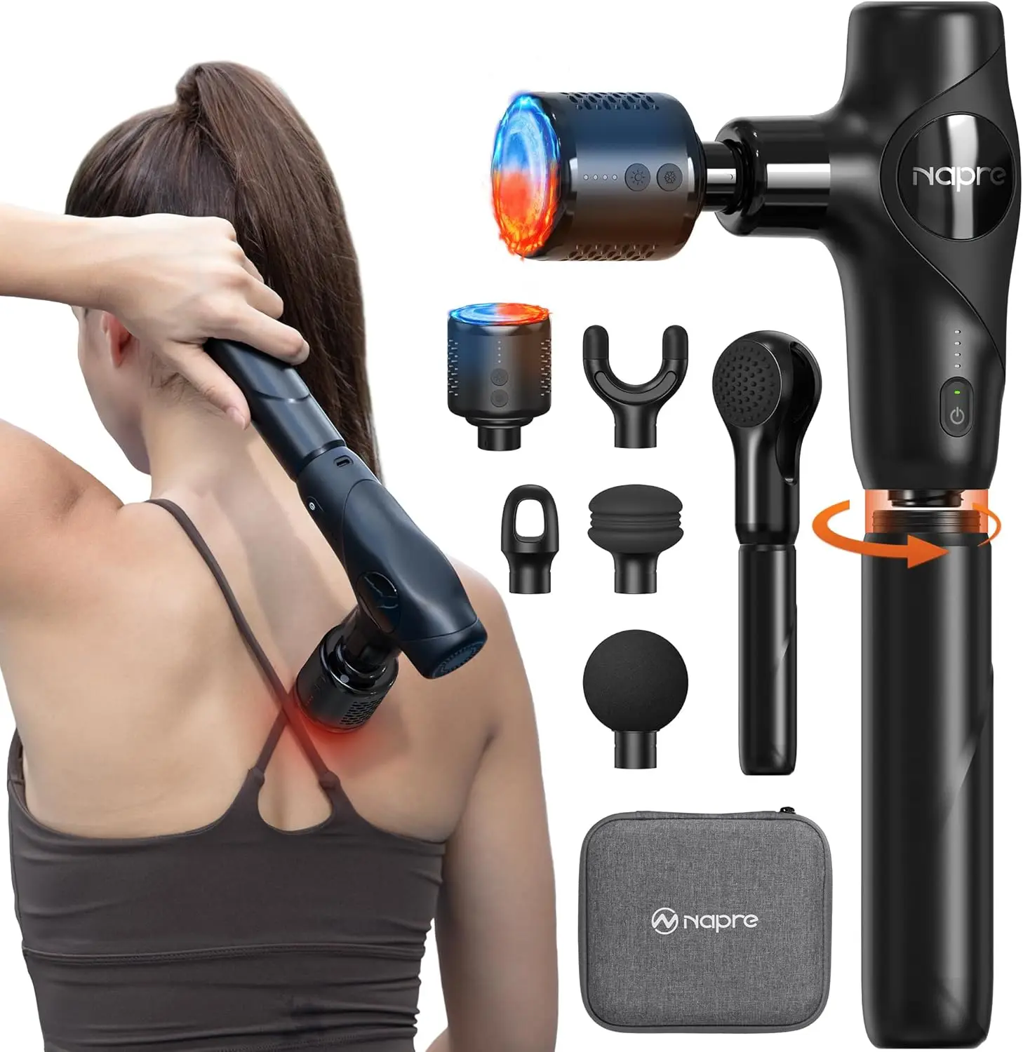 

3-in-1 Mini Massage Gun with Heat & Cold, Deep Tissue Back Massager, Portable Handheld, Quiet, 5 Heads, Travel Case