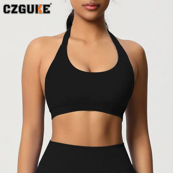 CZGUKEWomen Halter Sports Bra Seamless Padded Yoga Bra Medium Support Scoop Neck Workout Gym Crop Top Fitness Athletic Underwear