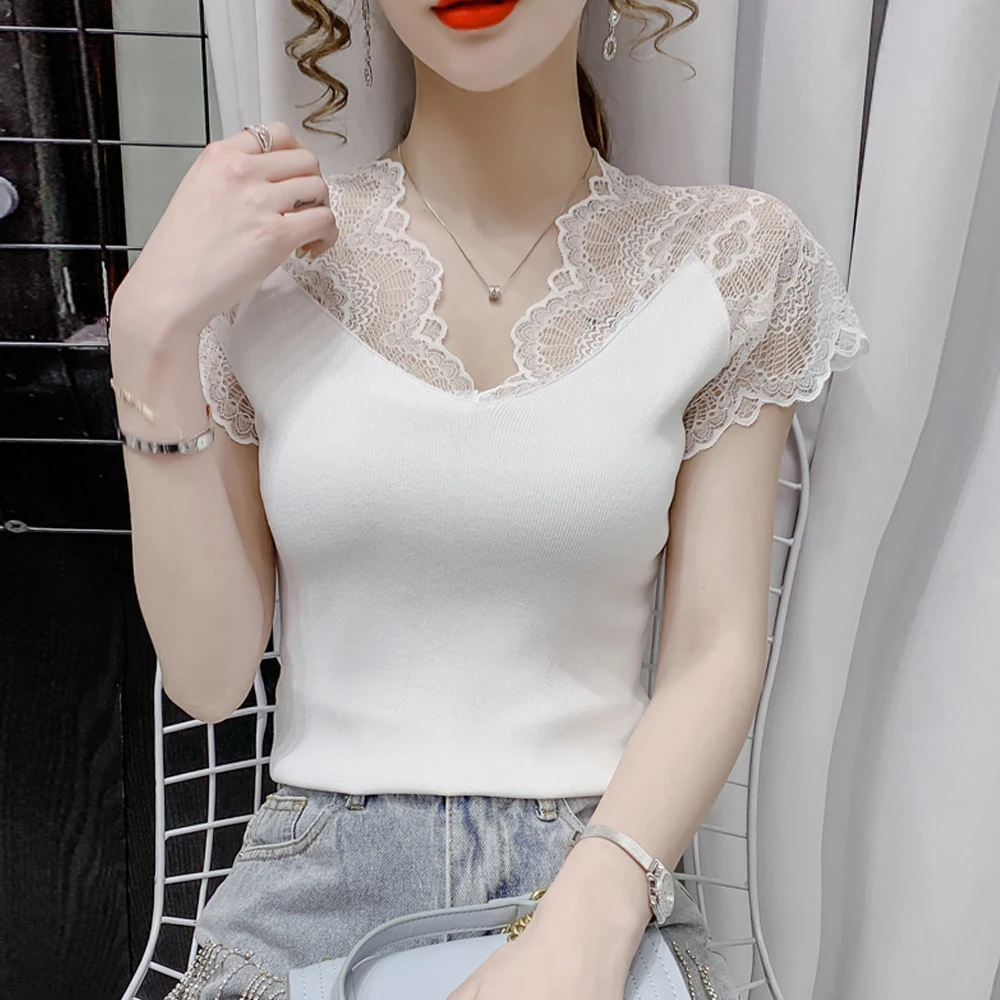 Floral Lace Panel Elastic T shirt Women Lace Sleeve Vest Cheaper Blouse Fashion Ladies Blouses Tops Black White Pink Female Tee