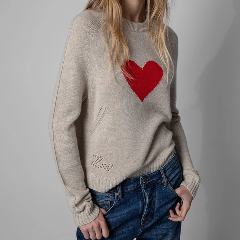 Khaki Sweaters Female Heart Embroidery Jumper Women Crew Neck Sweater Casual Winter Knitted Top Pullover Long Sleeve Jumpers