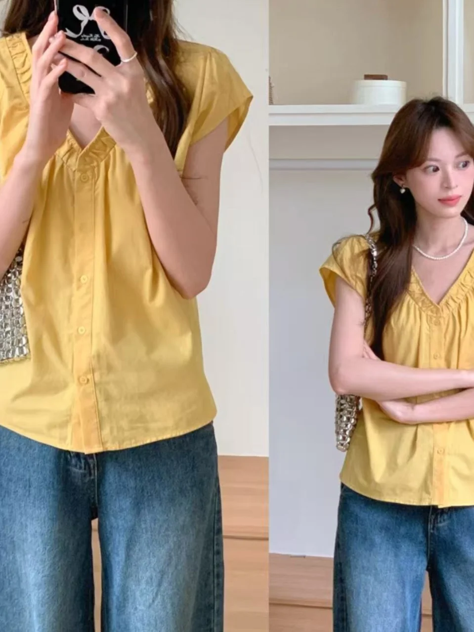 

Women's Loose V-Ne irt Summer New Sle Gentle Temperament Small Button Fly Sve Folded Hemline Busin Casual Top