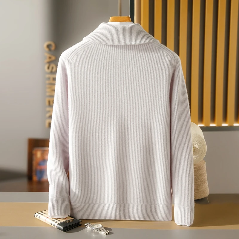 New Autumn/Winter High-end Top 100% Goat Cashmere Men's Knitted Casual Gold Ingot Needle Long Sleeved Zipper Lapel Cardigan