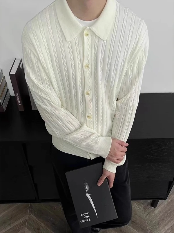

White Knitted Cardigan Men's Sle Old Money Stripe Pattern Button up Sweater Casual Warm Outerwear for Autumn Season