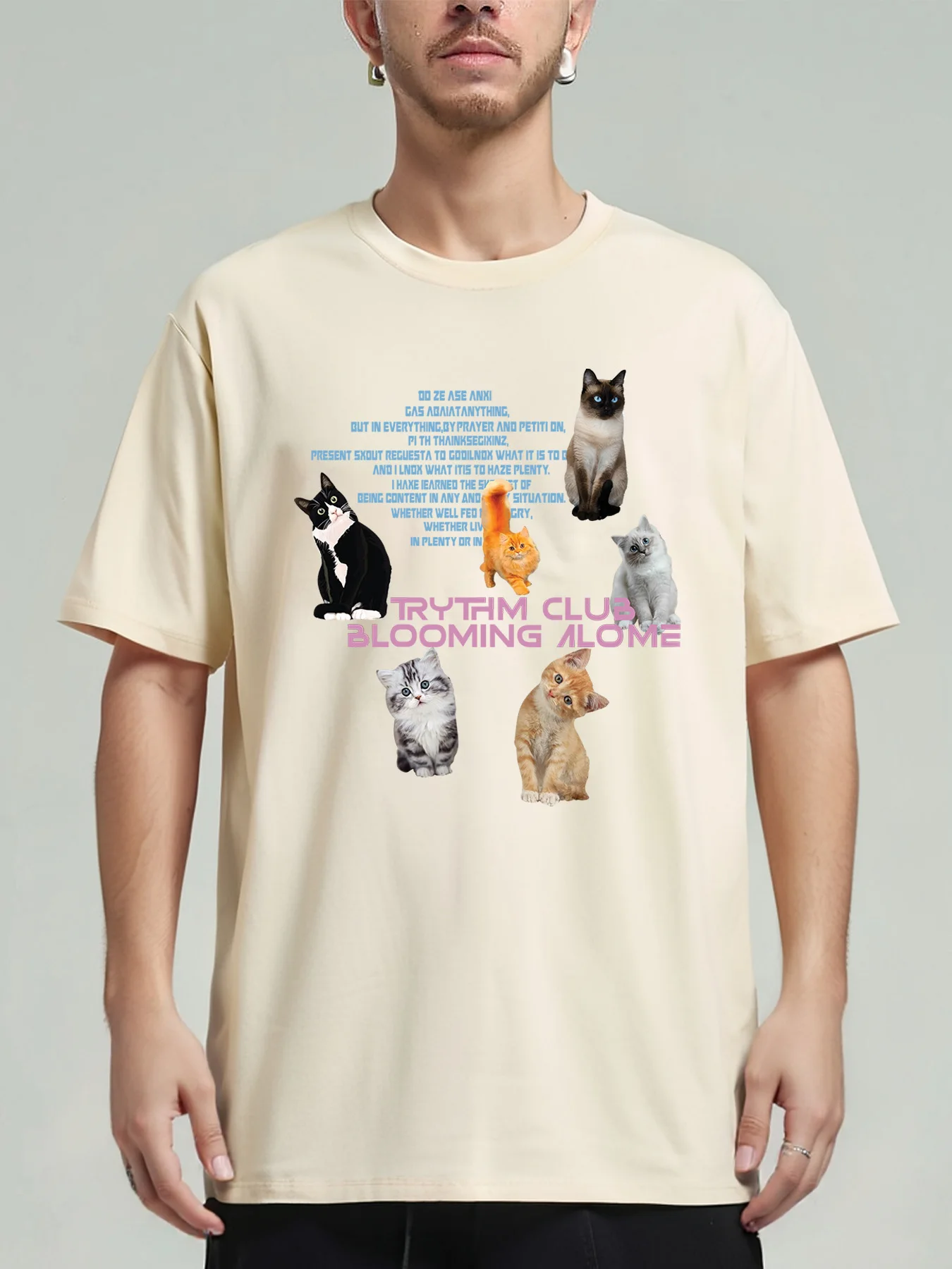 Sycpman Funny Cat Print Couple Short Sleeve T-Shirt Men Trendy Loose Casual Cotton Tees Harajuku