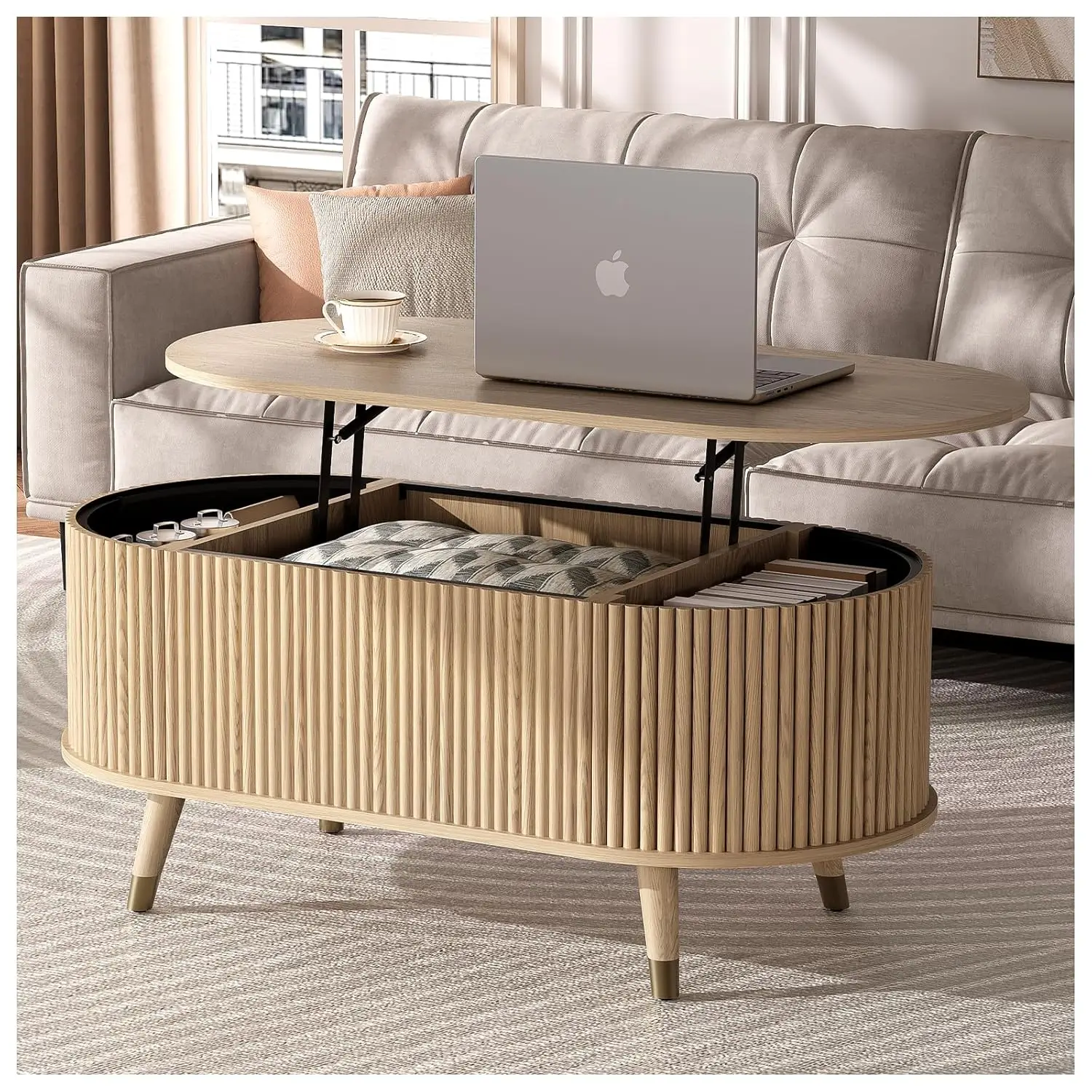 

42.5" Oval Lift Top Coffee Table with Storage, Modern Oak Center Table with Fluted Design,Pop Up Coffee Table, Customized