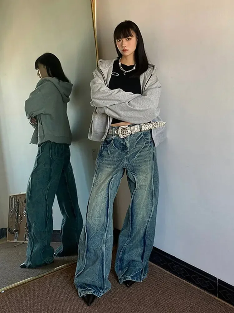 

Womens Jeans with Three-dimensional Line Boyfriend Baggy Loose Wide Straight Leg Casual Denim Pant @harajuku y2k hiphop bf cloth