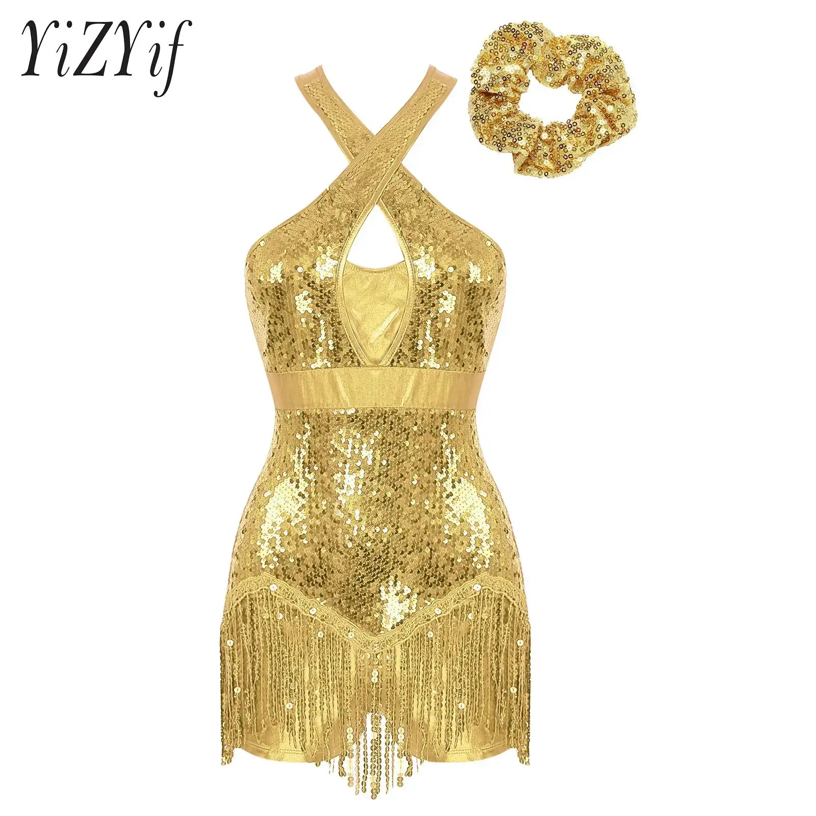 

Female Dance Suit Sexy Latin Dance Clothing Sequins Tassel Dresses Leotard Performance Dance Wear Bodysuit with Hair Tie Set