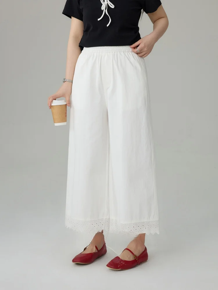 

Женские повседневные брюки больших размеров с высокой талией, кружевными вставками, эластичным поясом, свободного кроя, прямые, летние, из смесового хлопка