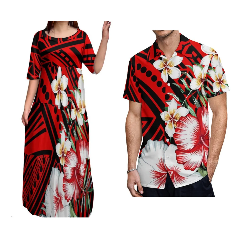 

Одежда для пар на заказ, женские платья, мужские рубашки, полинезийский племенный этнический узор, вечернее платье с цветочным принтом