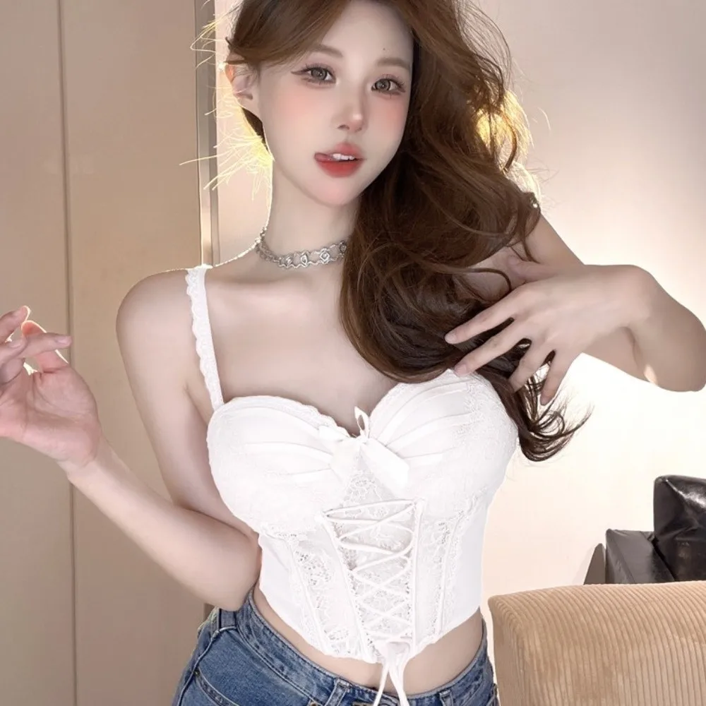 أنيقة كشكش الدانتيل زهرة بروتيل Bowknot هيكل السمكة الدانتيل مشد Strappy أكمام سليم المحاصيل القمم حار الفتيات