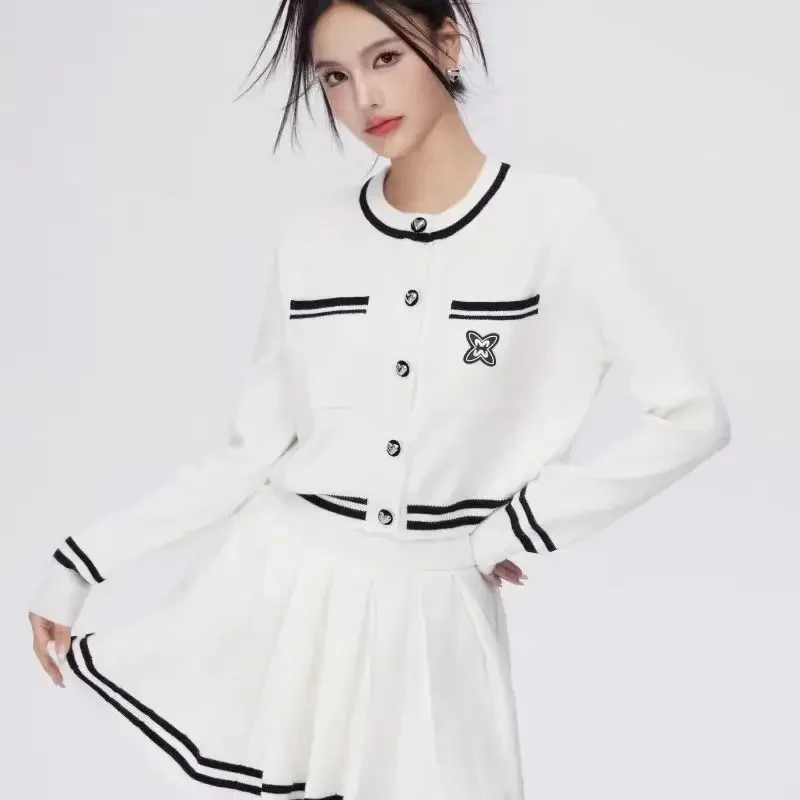 Women\'s Golf Clothing Black White Embroidery Jacket Skirts Suits Knitwear Sweater Two Piece Golf Clothes Tennis Golf Wear Set