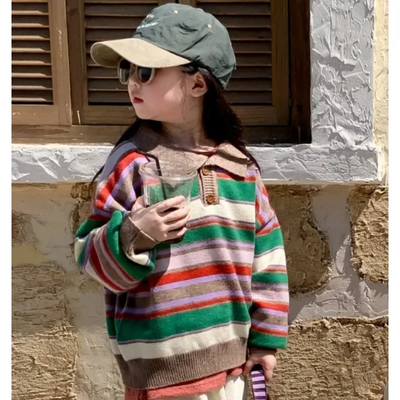 

Boy's Sweatershirt Knitted Rainbow Coat 2-10Y Girl's Tops Children's Sweater Autumn New Hot Sale Lapel Striped