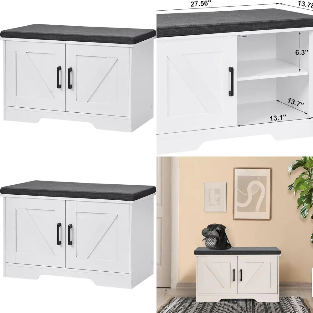 

Белая двухъярусная скамья для хранения обуви с подушкой, ширина 70 см, с дверцами в стиле амбарных дверей и регулируемой полкой