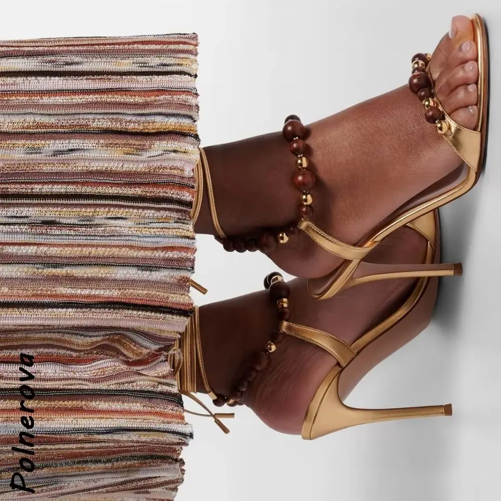 Wood & Gold Beaded Lace-Up Sandals Thin Heels Open Toe Ankle Wrap Stiletto Shoes Bohemian Style Summer Women Elegant Shoes
