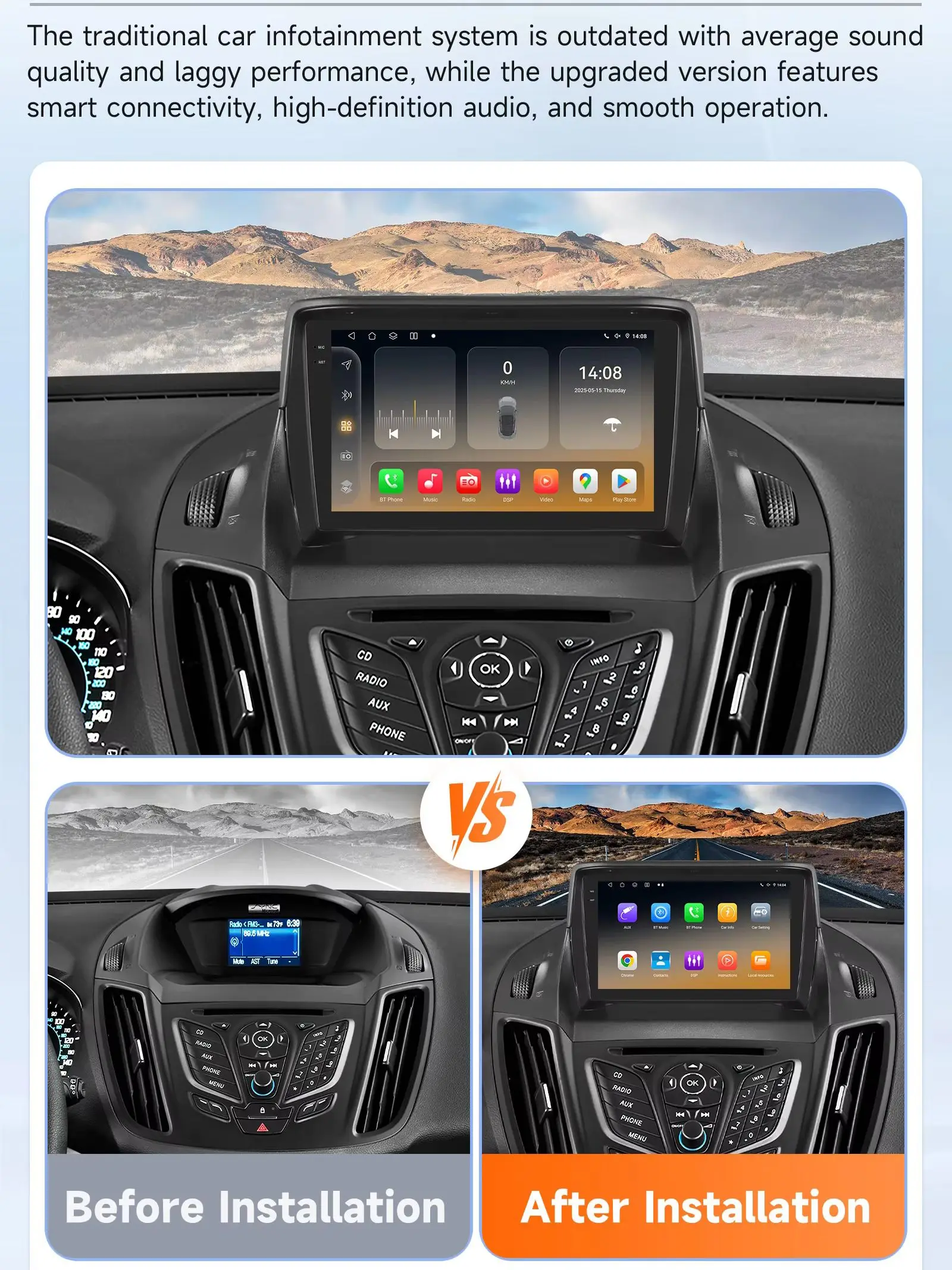 Hizpo 9-Zoll-Android für Ford C-MAX Kuga 2 Escape 3 2012-2019 Auto-Autoradio Drahtloses Carplay GPS-Navigationsdisplay Stereo-Video-Tools Touch-Display Airplay Autoradio-Player Stereo-GPS-Navigation