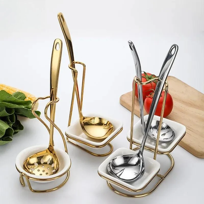 Luxury Stainless Steel Gold Square Spoon Holder with Ceramic Soup Bowl for Restaurant Buffet Serving Utensil Storage Display
