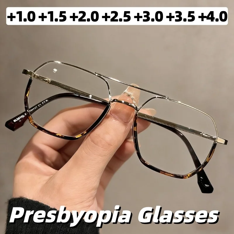 

Classic Double-Bridge Square-Frame Anti-Blue Light Presbyopia Glasses Stylish Metal Ultra-Lightweight Reading Eyewear Unisex