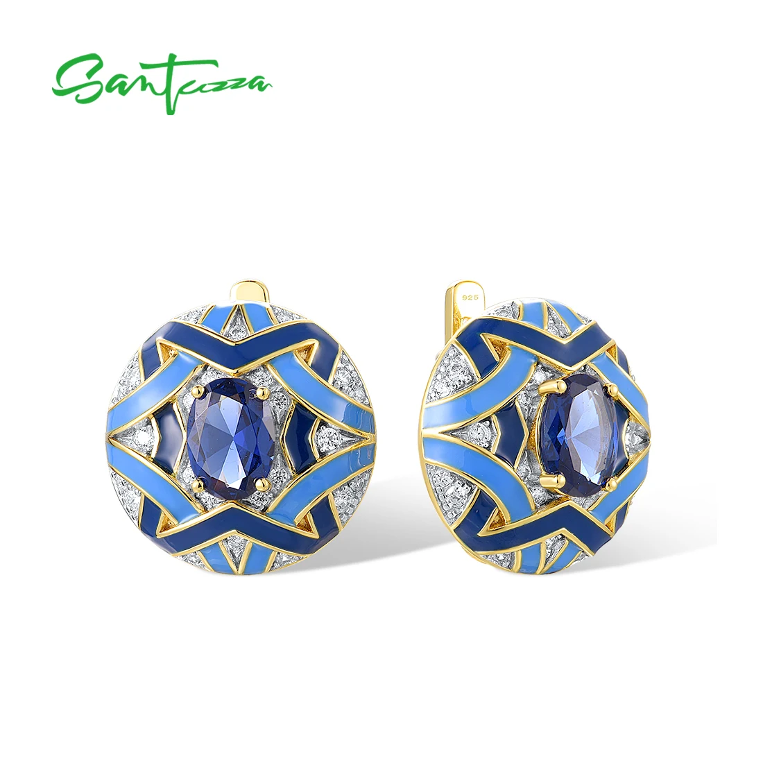 SANTUZZA Real 925 Sterling Silver Solitaire Earrings For Woman Sparkling Blue Spinel Enamel Grand Round Wedding Set Fine Jewelry