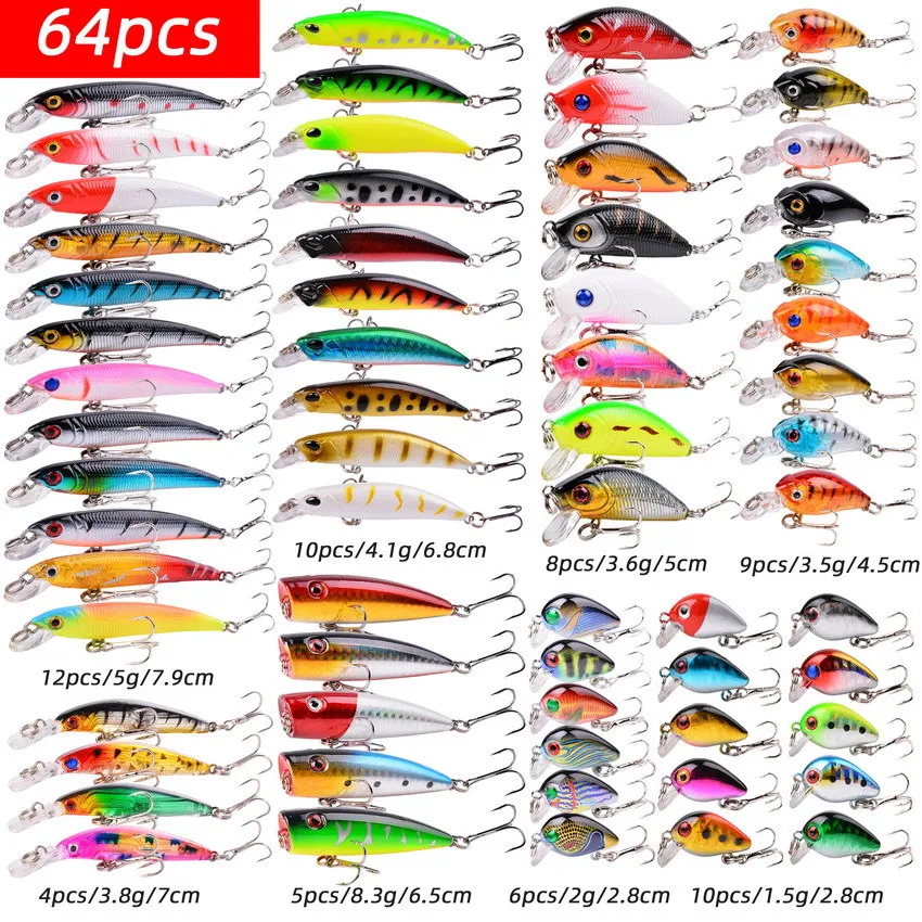 

64pcs Classic Minnow Crank Bait Popper Fishing Lures Set Hard Bait Mixed Bass Bait Set Carp Fishing Swimbait Fishing Accessories