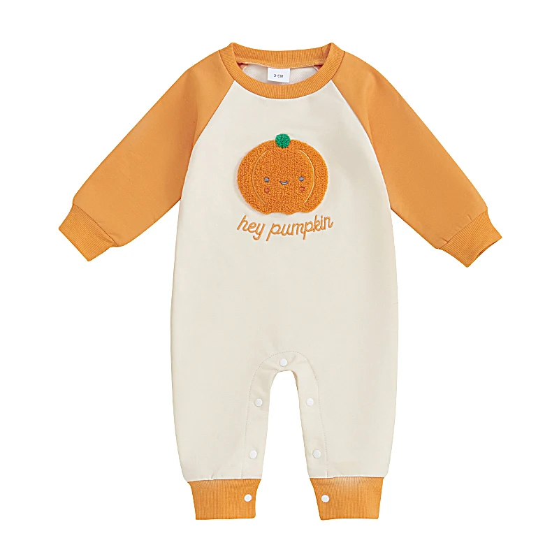 

Baby Girl Boy Halloween Romper Pumpkin Embroidery Long Sleeve Crew Neck Full Length Jumpsuit