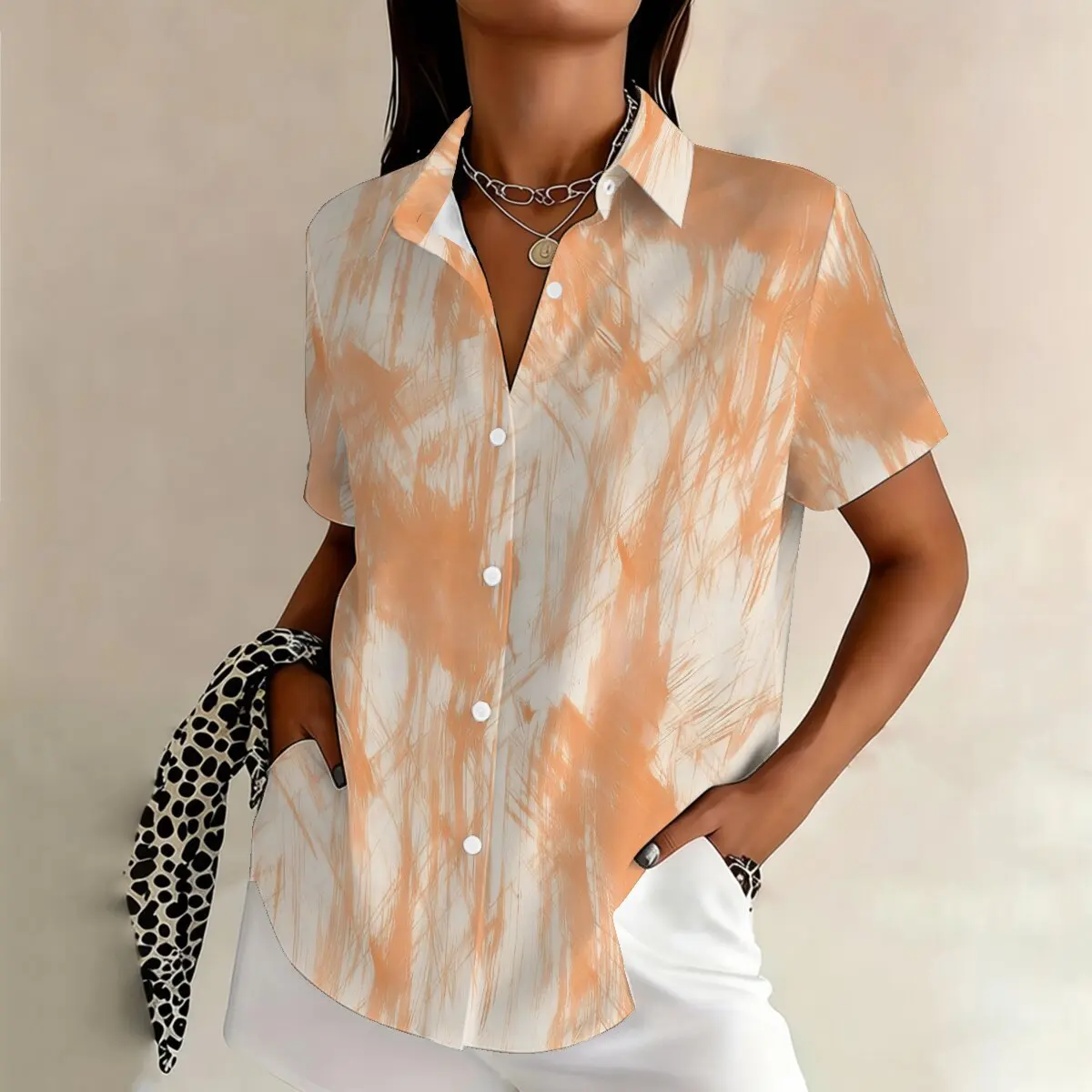 

Simple and personalized ink dyed printed summer women's plus size lapel short sleeved shirt, fashionable daily versatile top