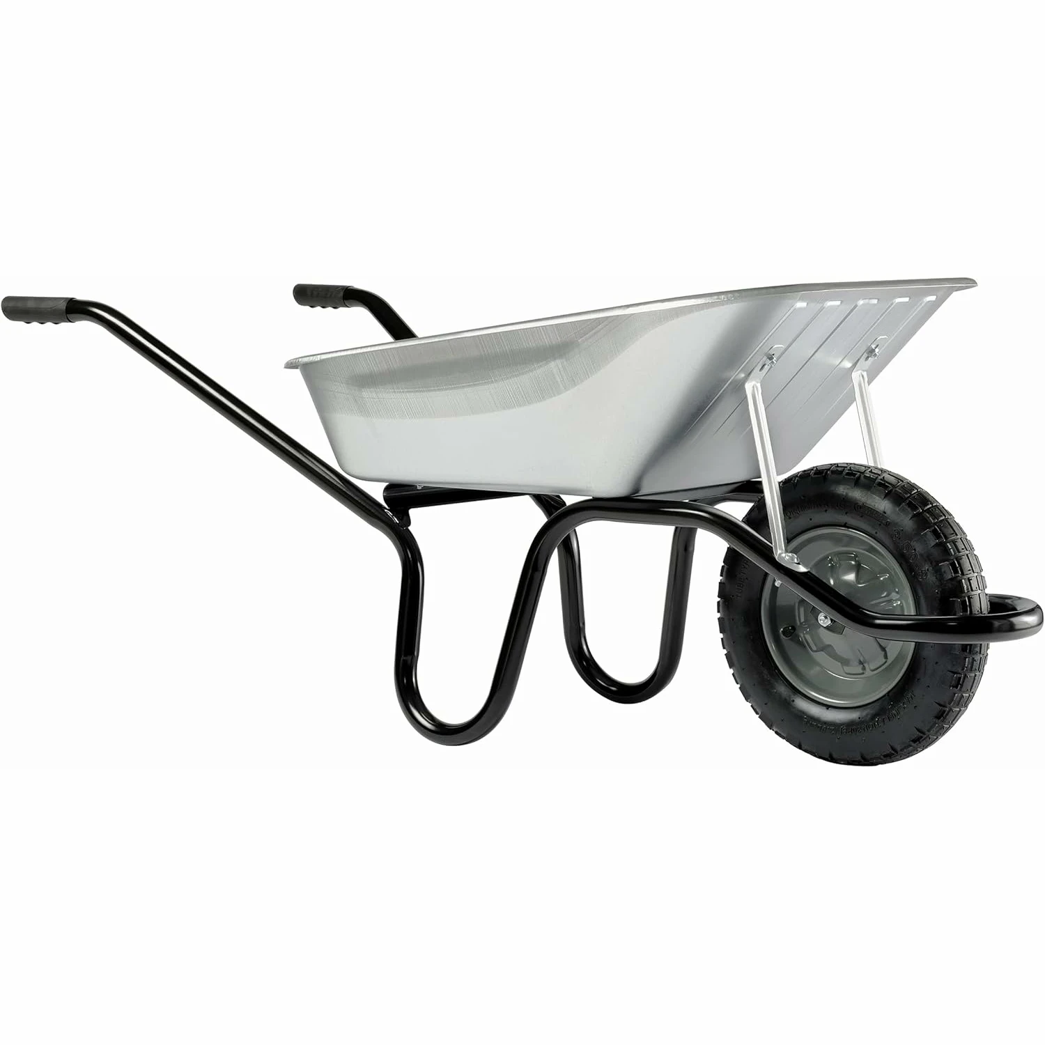 

Оцинкованная тачка на 100 литров с пневматическими шинами, металлическим ободом, грузоподъемностью 150 кг, с откидной рамой, цельнолитым колесом