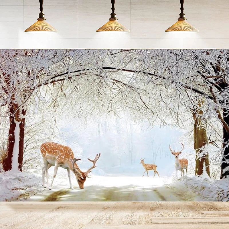 Photography Backdrop Winter Forest Deer Wild Animal For Christmas Xmas Holiday Background Home Party Backdrop Wall Banner Decor