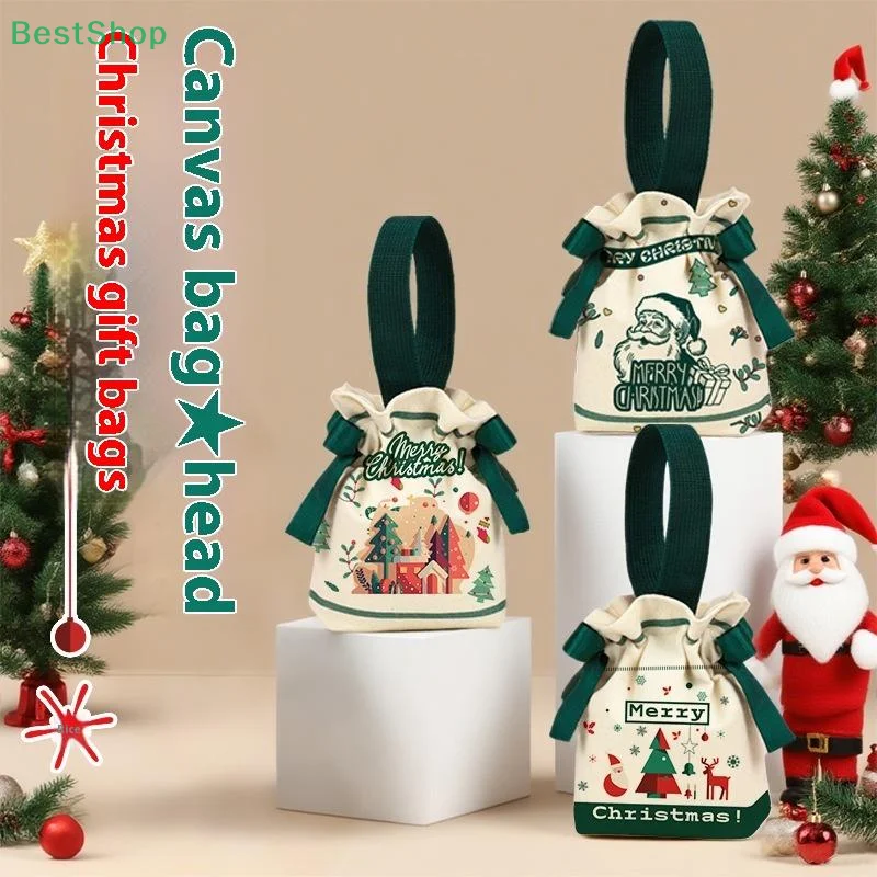 🍄 حقيبة قماش حلوى عيد الميلاد، حقيبة يد برباط من أبل لحفلات عشية عيد الميلاد