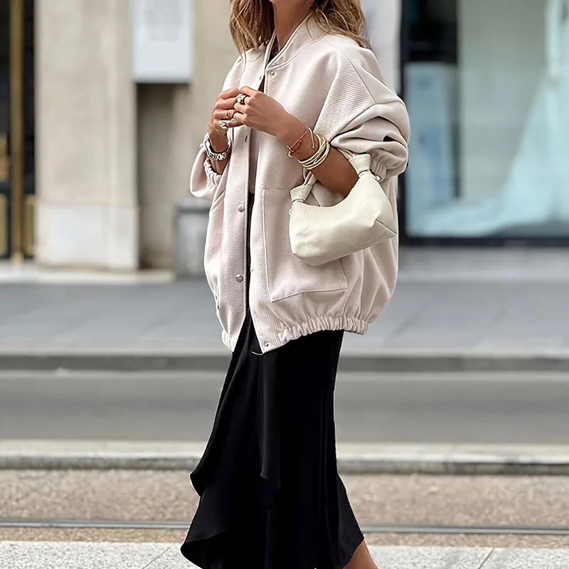 

2025 Autumn Winter New Solid Color Jacket Women Single Breasted Long Sleeve Outerwear Elegant Stand Collar Pocket Commute Coat