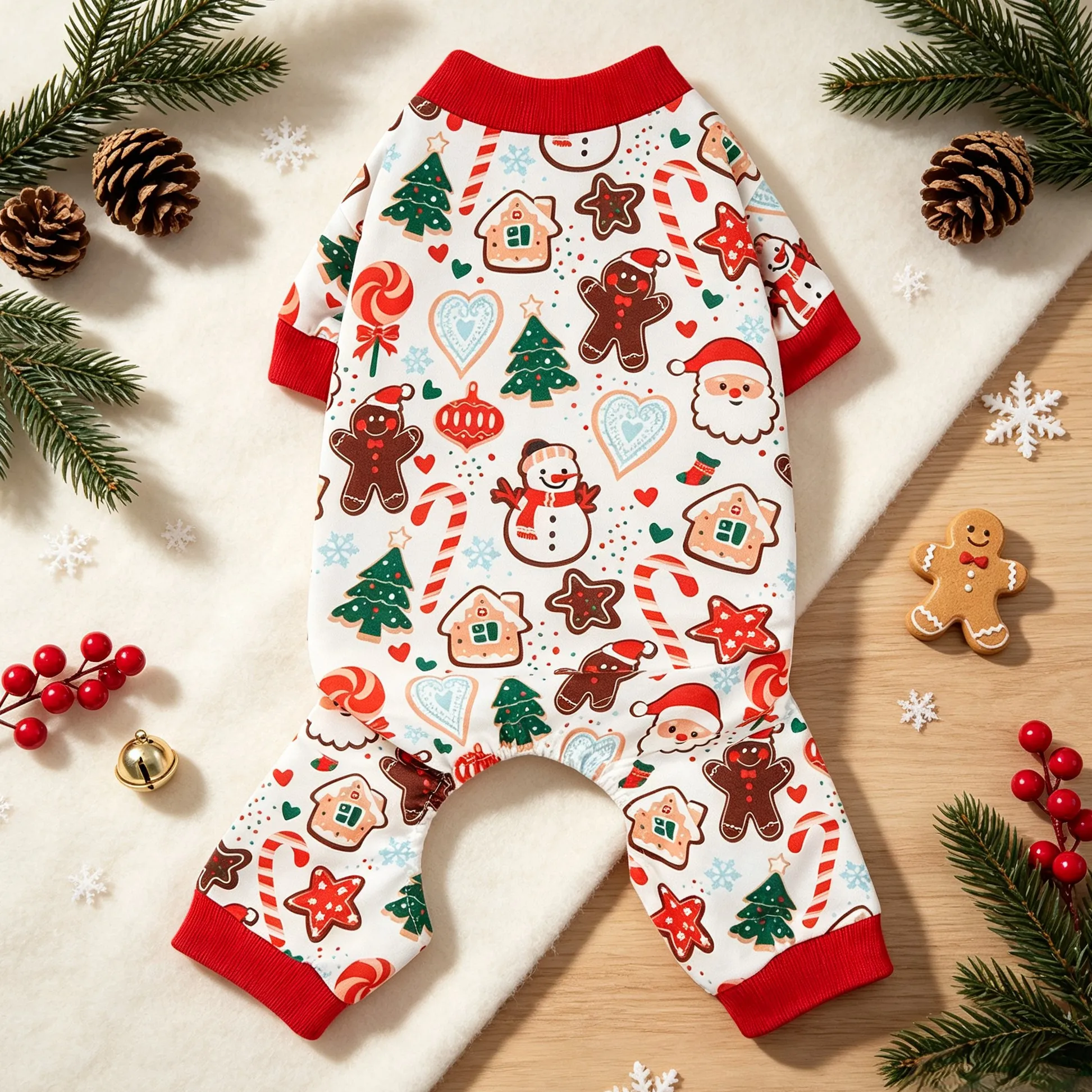Vierbeinige Haustierkleidung, Lebkuchenmann, Schneemann, Weihnachtsmann, Weihnachtsbaum, Zuckerstange, Weihnachtsbonbon, vollflächig bedruckter Vierbeiniger Haustier-Pyjama – Detail 3