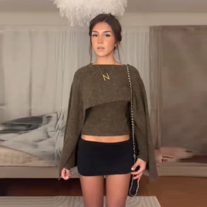 أنيقة المرأة كيب سترة الجولة الرقبة الربط الخفافيش كم بلوفر مغزول علوي الصلبة فضفاض تريكو 2025 جديد سيدة البلوزات #5