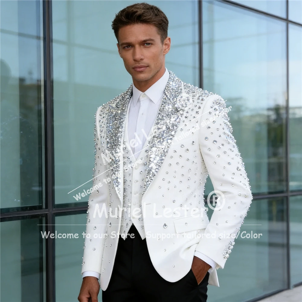 

Sparkly Beaded Stones Suits Men For Wedding Sequin Label Prom Blazers Customized Formal Wear 3 Piece Sets Man Banquet Attires